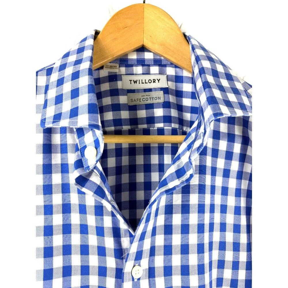 Twillory Men's Tailored Fit Blue & White Gingham Check Dress Shirt 17 32/33 - Picture 3 of 16